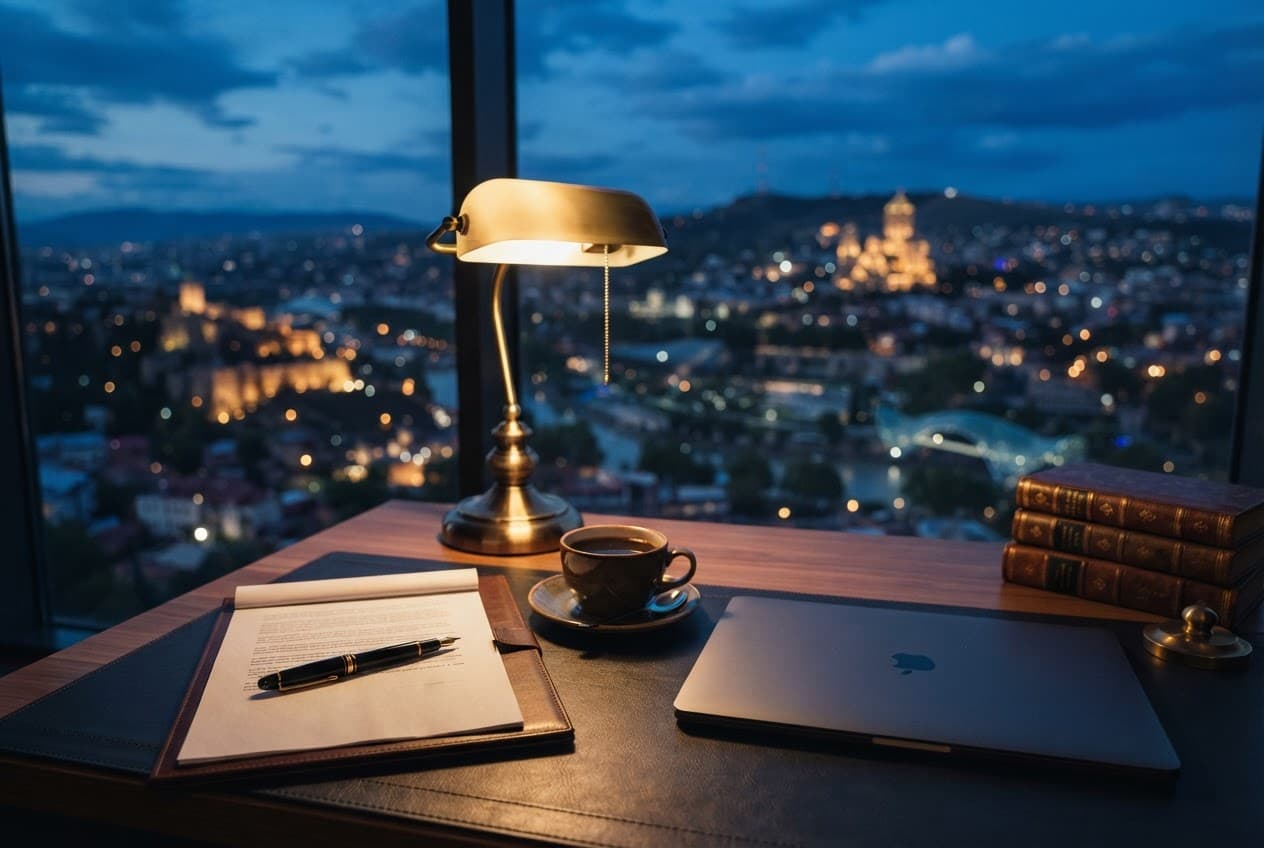 A lawyer's desk in the Trustlex office at dusk, Tbilisi beyond the window