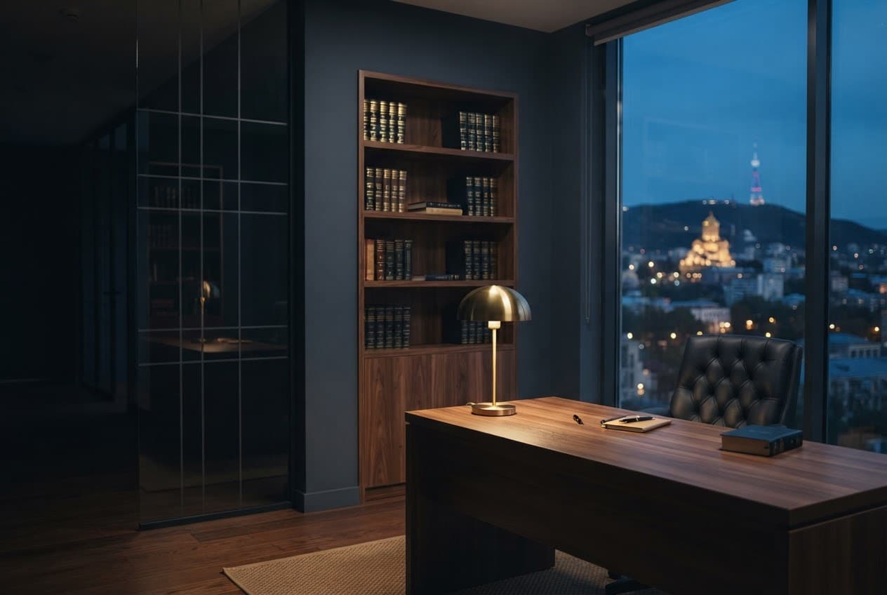The Trustlex office at dusk, with Tbilisi beyond the window